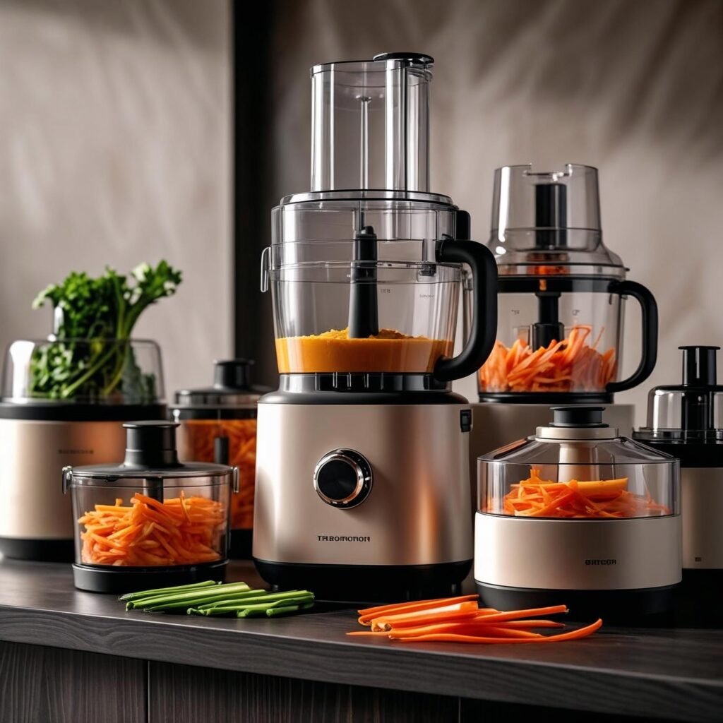 Top-rated food processors and vegetable choppers for slicing, displayed on a modern kitchen countertop