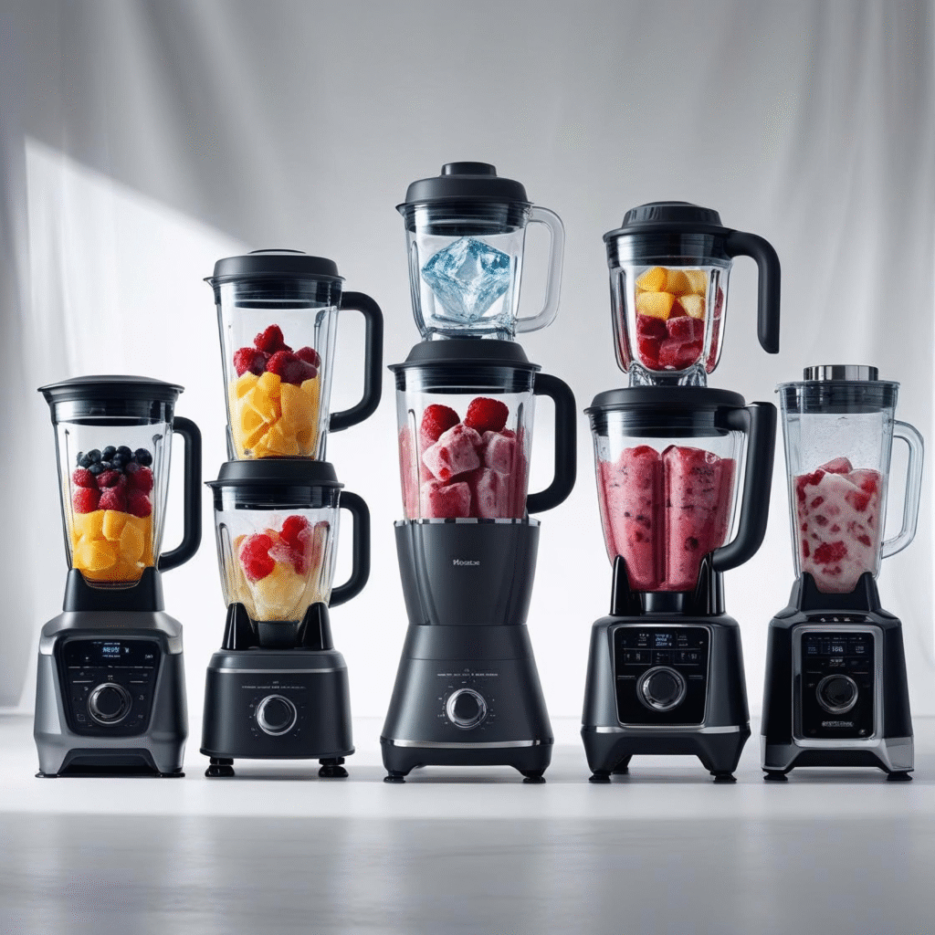 Three top-rated blenders for frozen fruit and ice crushing on a kitchen counter